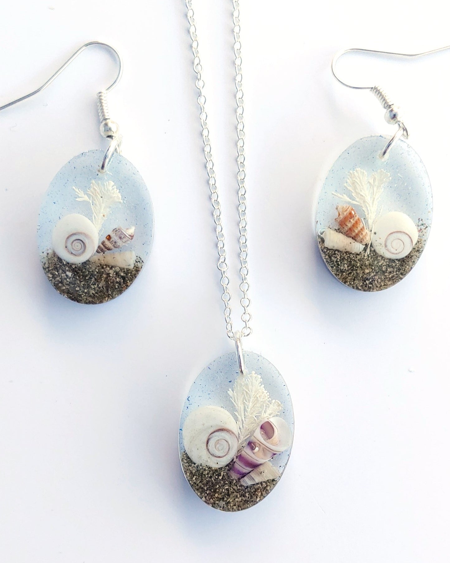 Earring & Necklace Set - Oval with Cats Eye Shell - Blue hue (one-off)
