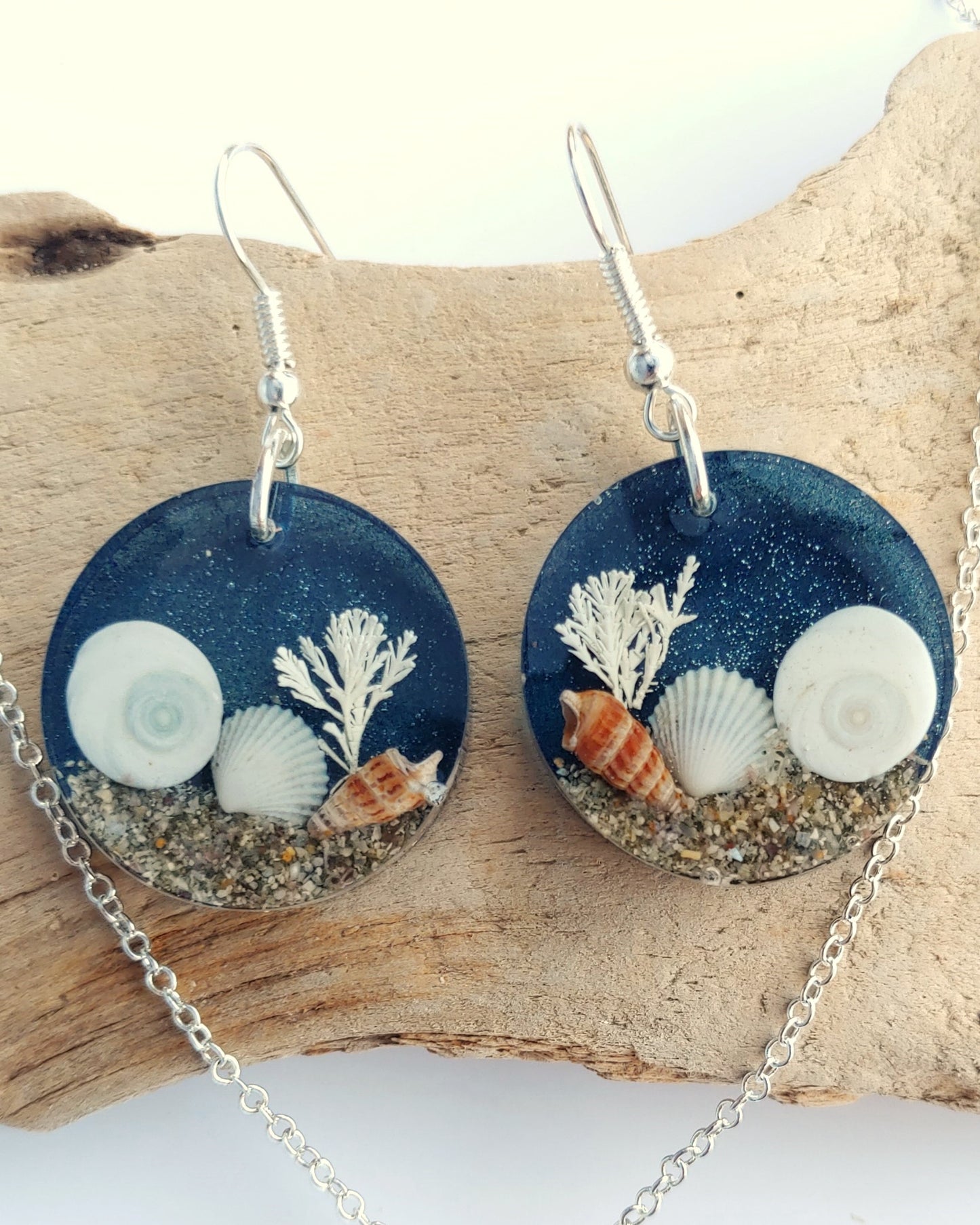 Earring (Round) & Necklace (Teardrop) Set - with Cats Eye Shell - deep blue (one-off)