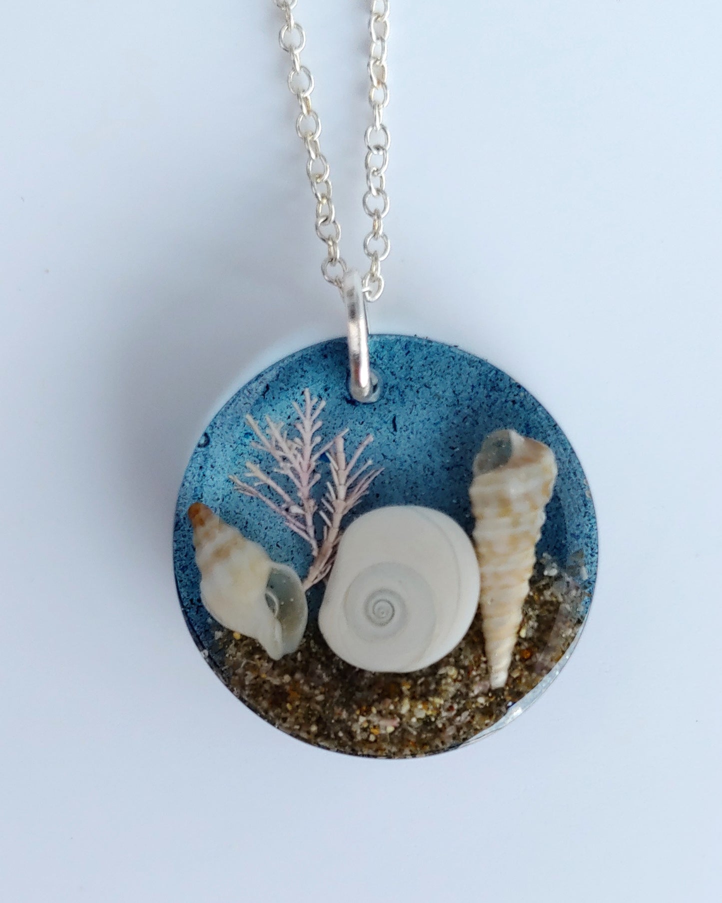 Necklace - Round with Cats Eye Shell & pink seaweed - Sea Blue (limited small batch)