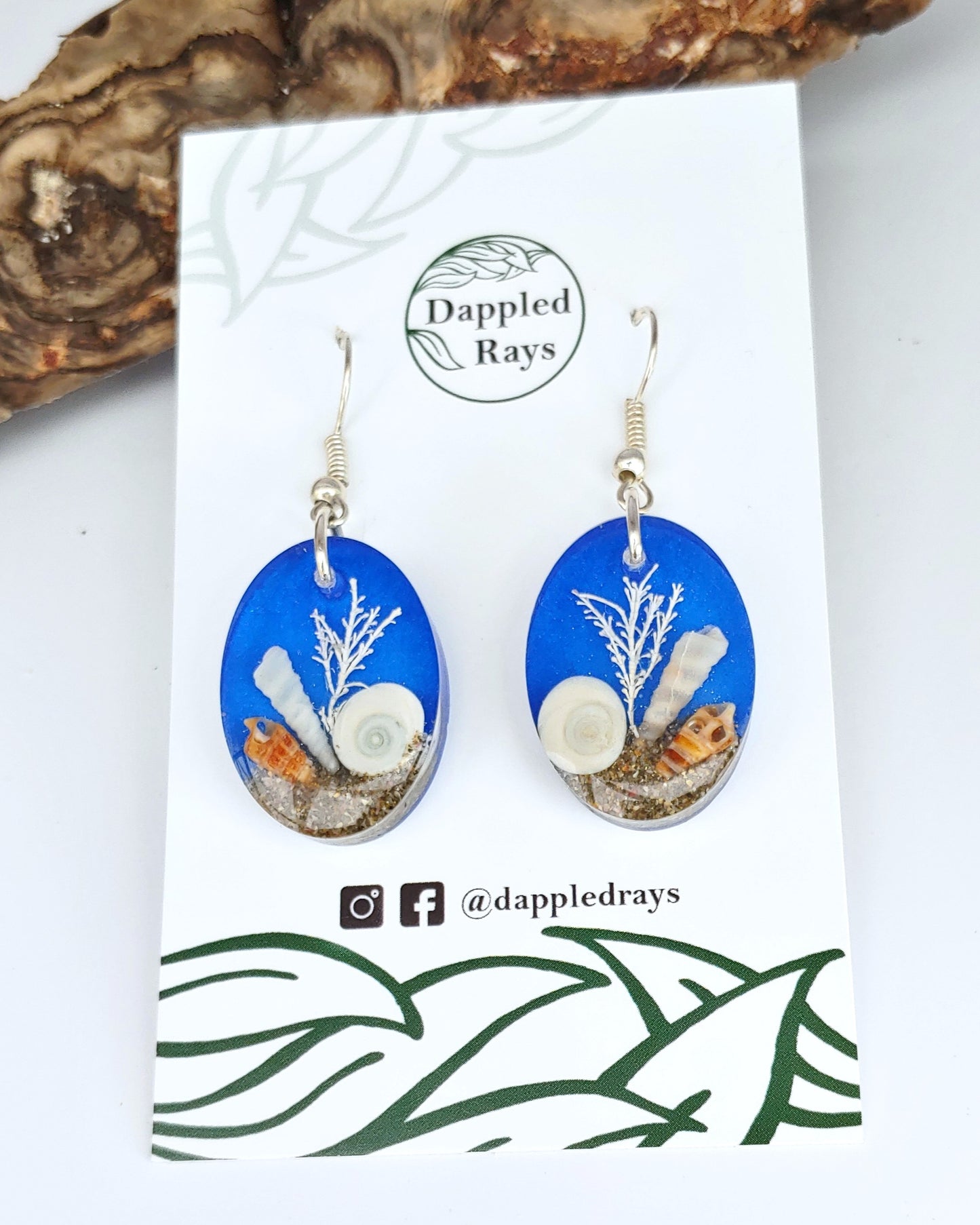Earrings NEW - Oval with Cats Eye Shell - Sea Blue