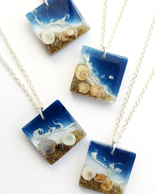 Necklace - Square Beach Wave Design - Deep Blue (limited small batch)