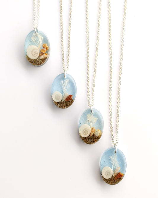 Necklace - Oval with Cats Eye Shell - Pale Blue (limited small batch)