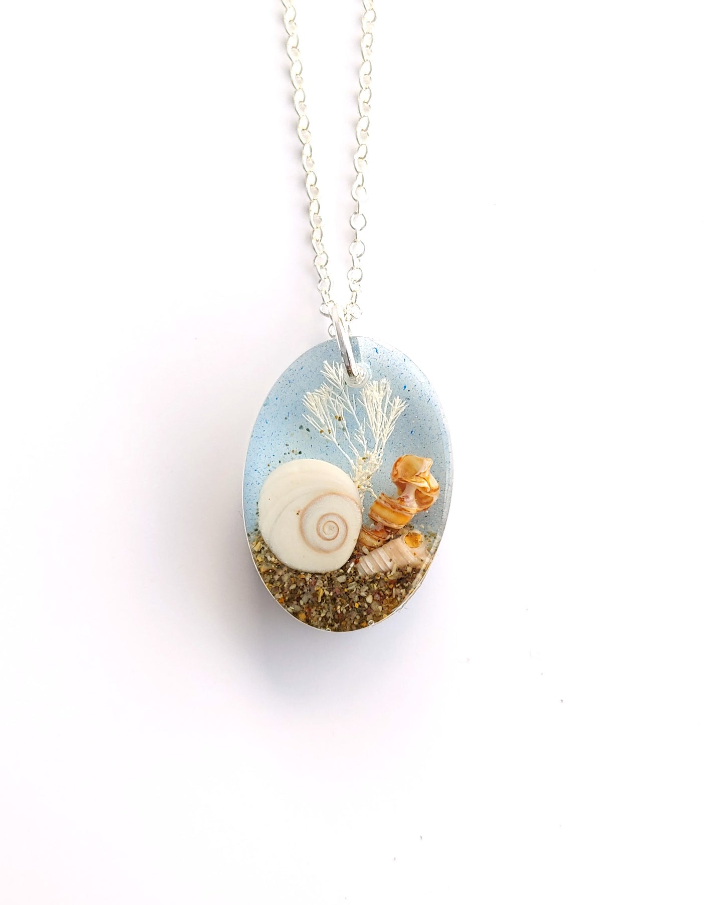 Necklace - Oval with Cats Eye Shell - Pale Blue (limited small batch)