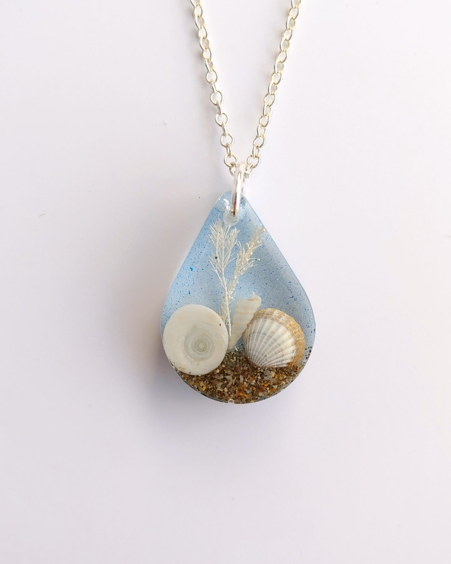 Necklace - Teardrop with Cats Eye Shell - Pale Blue (limited small batch)
