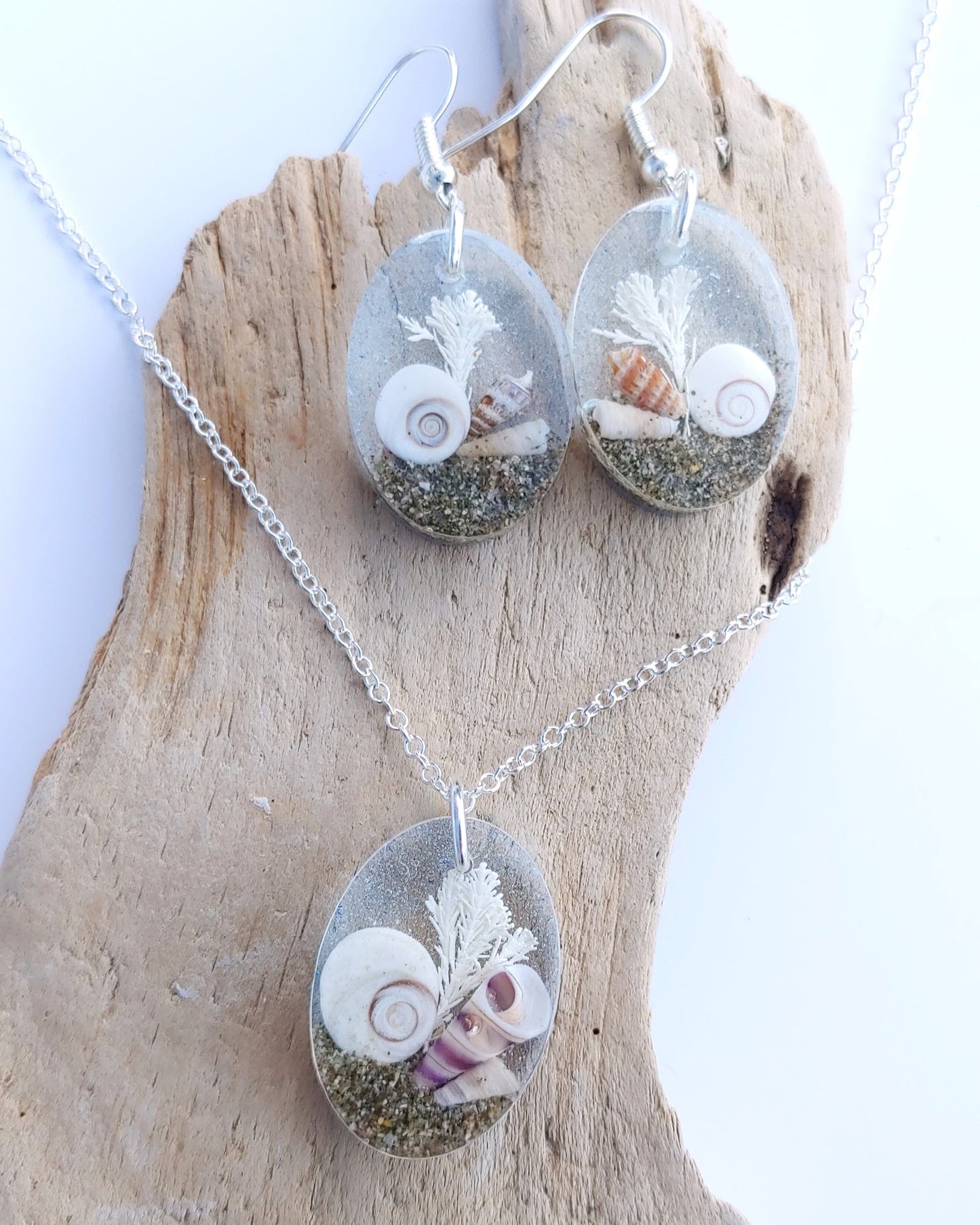 Earring & Necklace Set - Oval with Cats Eye Shell - Blue hue (one-off)