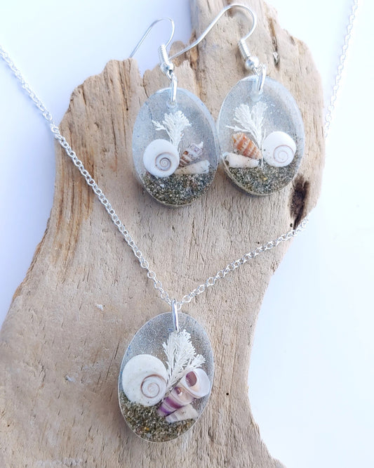 Earring & Necklace Set - Oval with Cats Eye Shell - Blue hue (one-off)