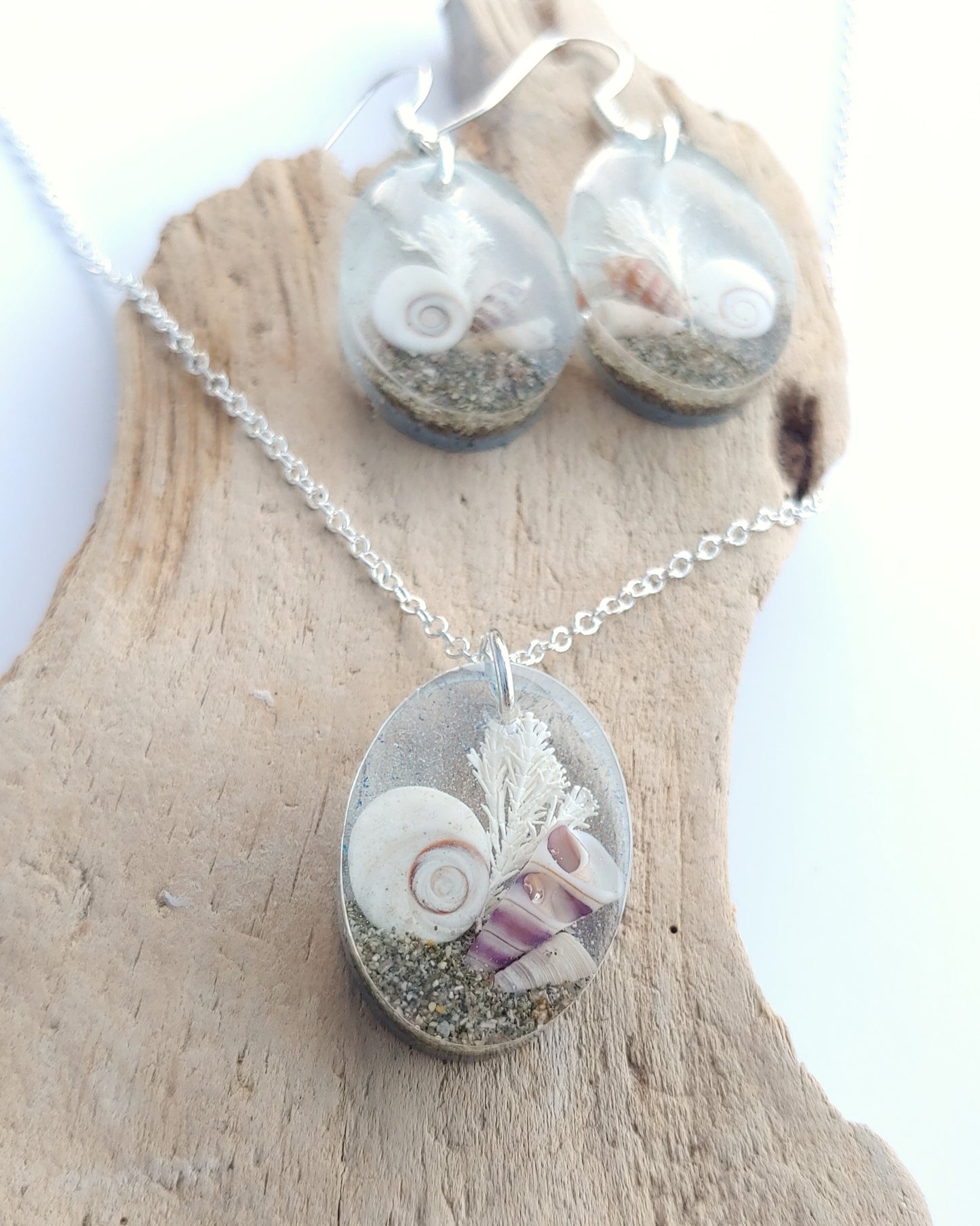 Earring & Necklace Set - Oval with Cats Eye Shell - Blue hue (one-off)
