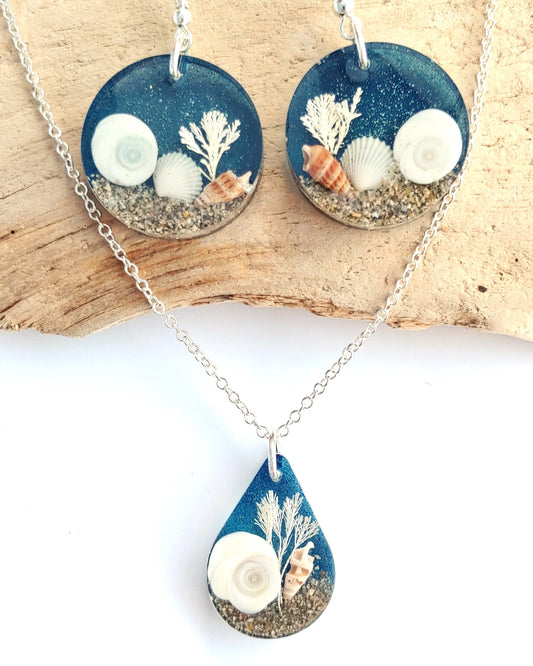 Earring (Round) & Necklace (Teardrop) Set - with Cats Eye Shell - deep blue (one-off)