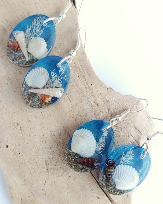 Earrings - Oval with Clam Shell - Sea Mist (limited small batch)