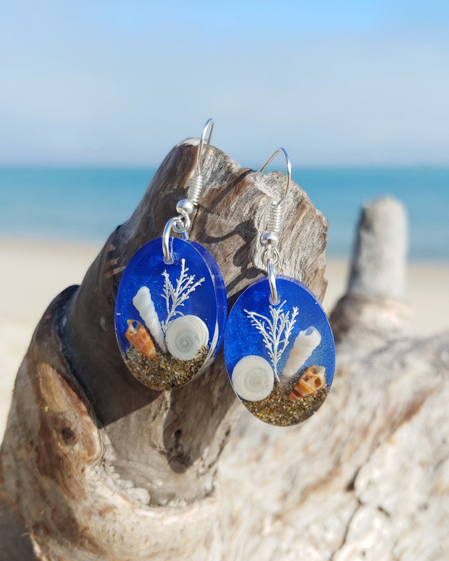 Earrings NEW - Oval with Cats Eye Shell - Sea Blue