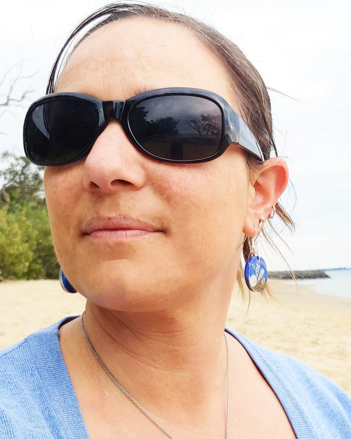 Earrings NEW - Oval with Cats Eye Shell - Sea Blue