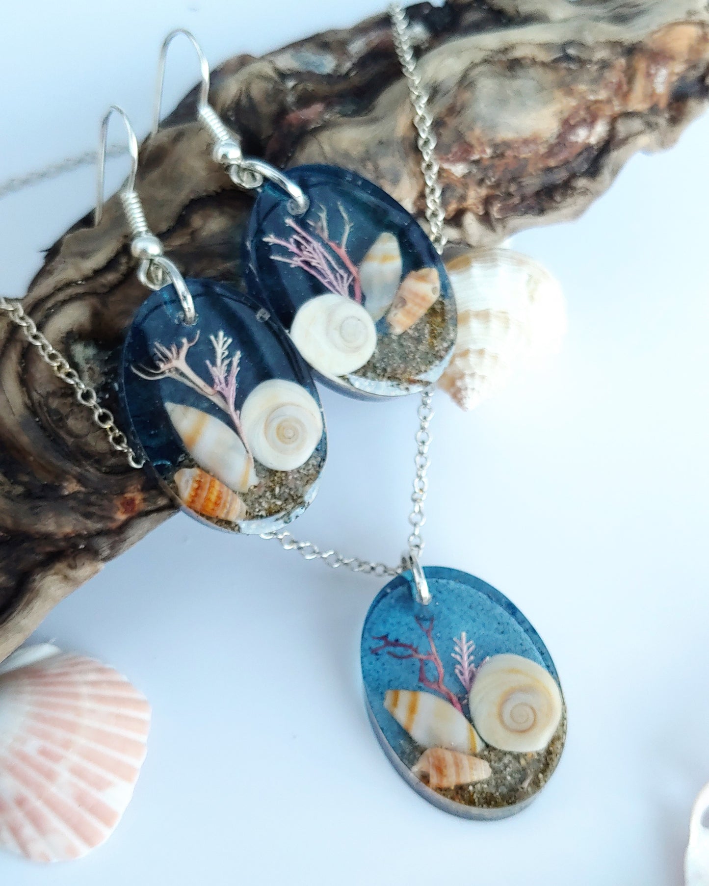Earring & Necklace Set - Oval with Cats Eye Shell and pink seaweed - Sea Blue (one-off)