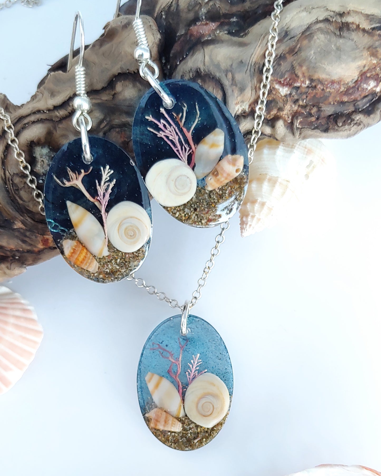 Earring & Necklace Set - Oval with Cats Eye Shell and pink seaweed - Sea Blue (one-off)