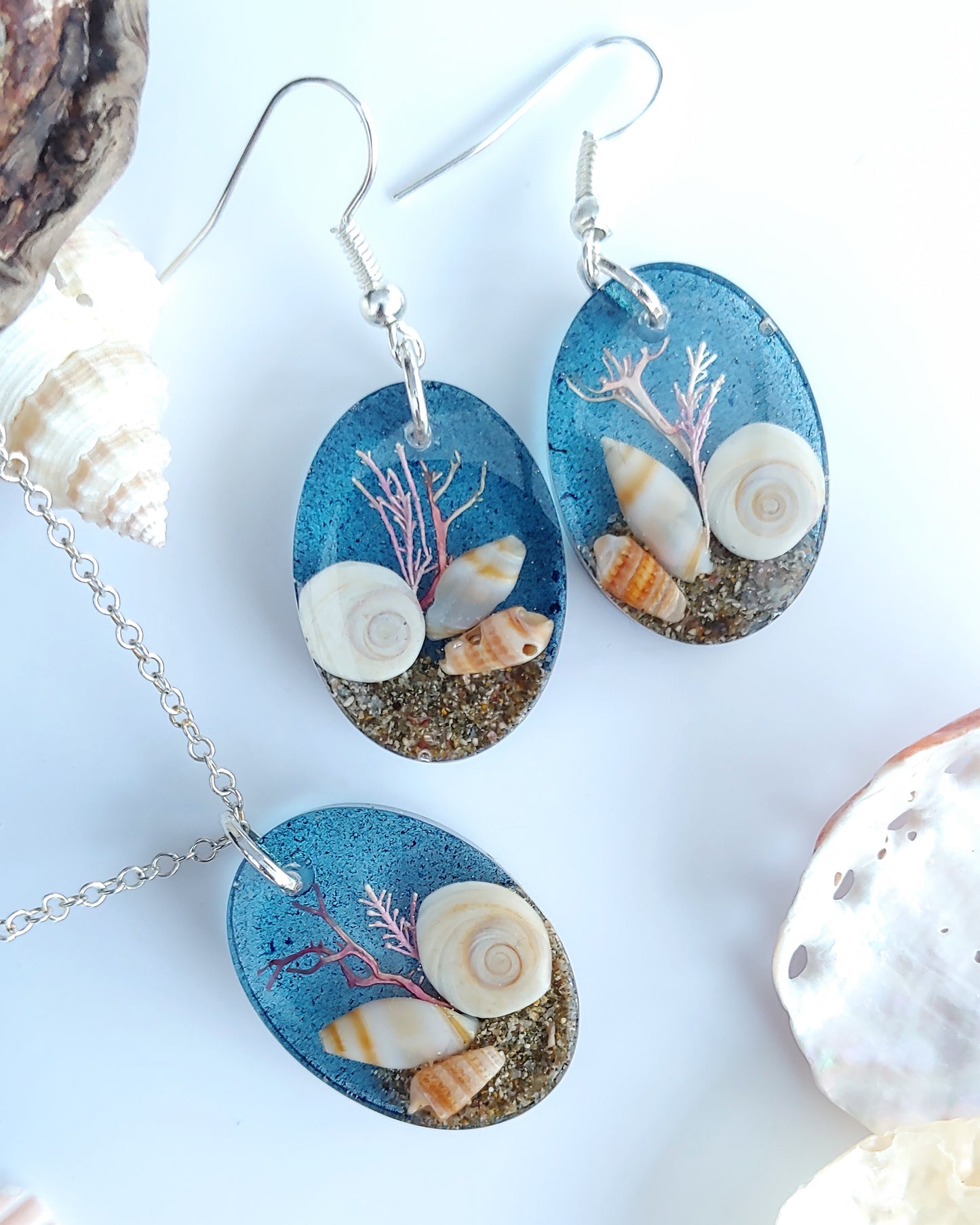 Earring & Necklace Set - Oval with Cats Eye Shell and pink seaweed - Sea Blue (one-off)