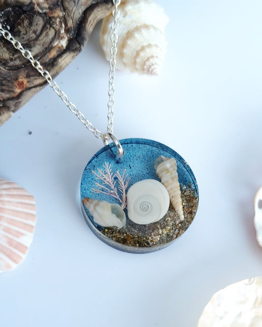 Necklace - Round with Cats Eye Shell & pink seaweed - Sea Blue (limited small batch)