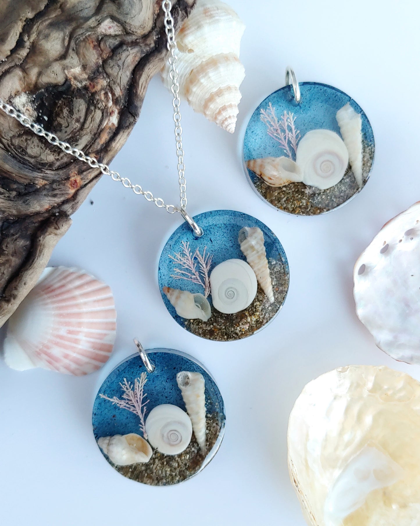Necklace - Round with Cats Eye Shell & pink seaweed - Sea Blue (limited small batch)
