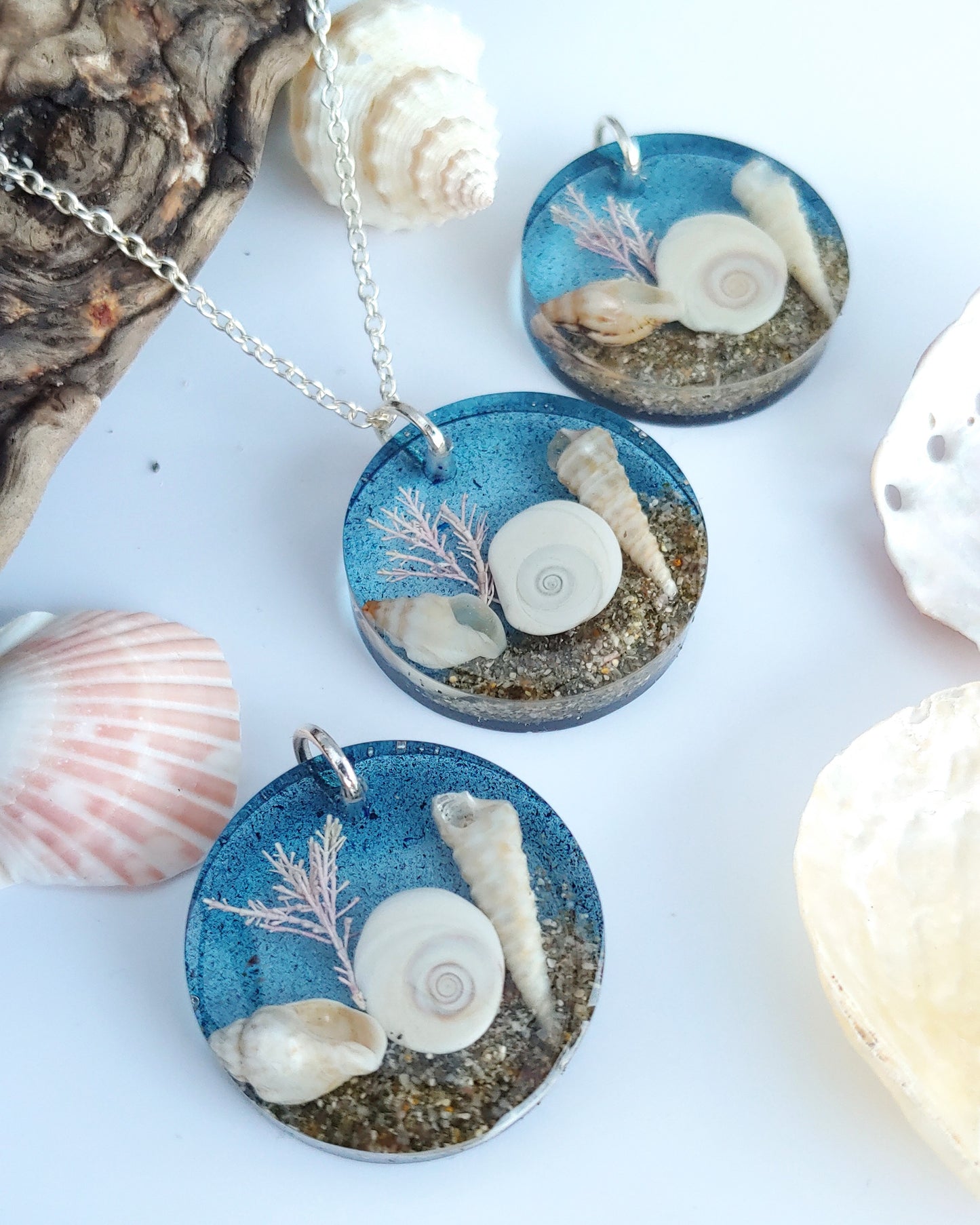 Necklace - Round with Cats Eye Shell & pink seaweed - Sea Blue (limited small batch)