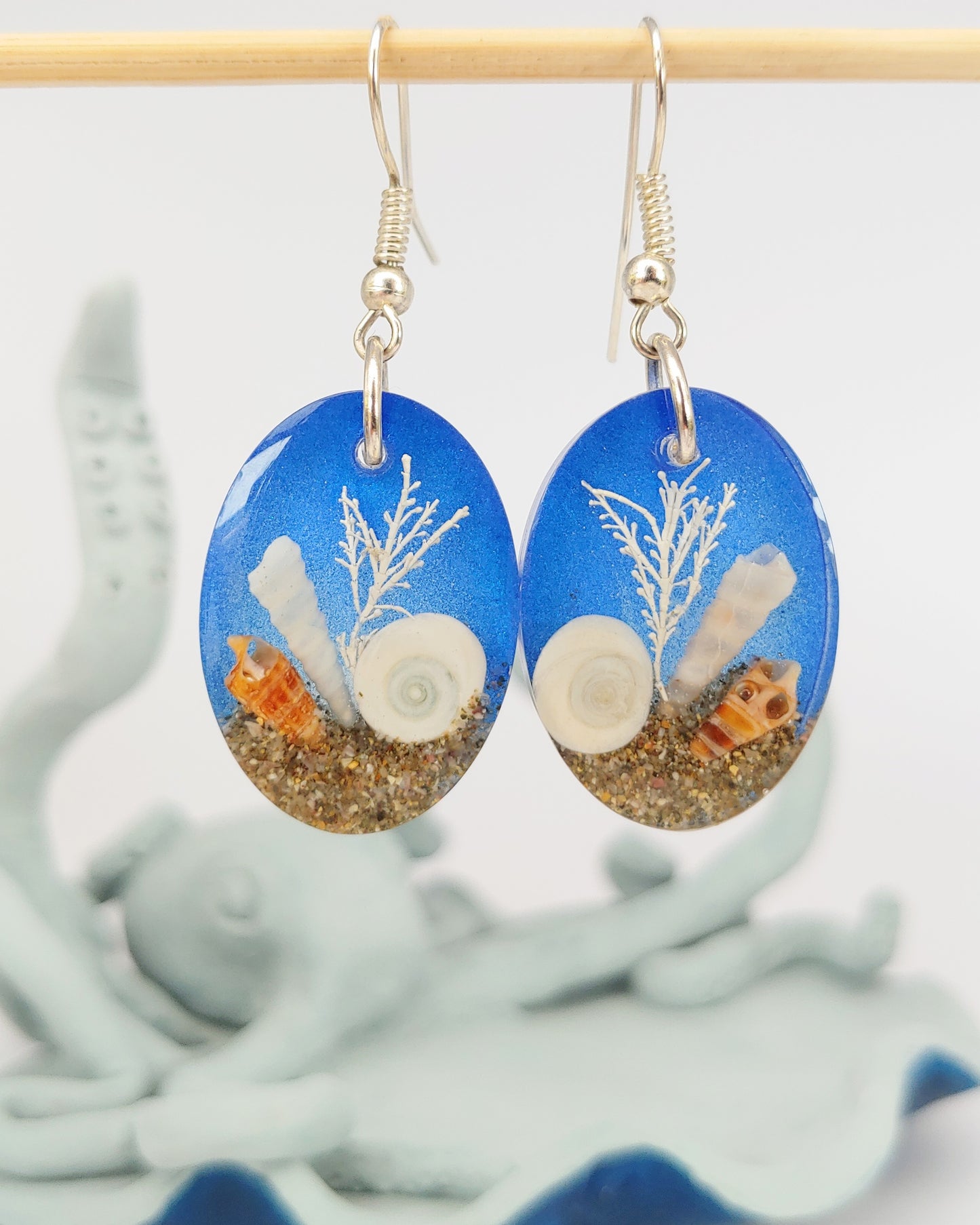 Earrings NEW - Oval with Cats Eye Shell - Sea Blue