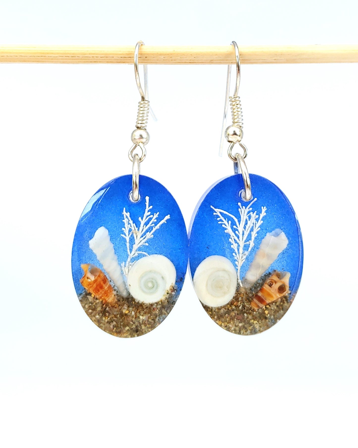 Earrings NEW - Oval with Cats Eye Shell - Sea Blue