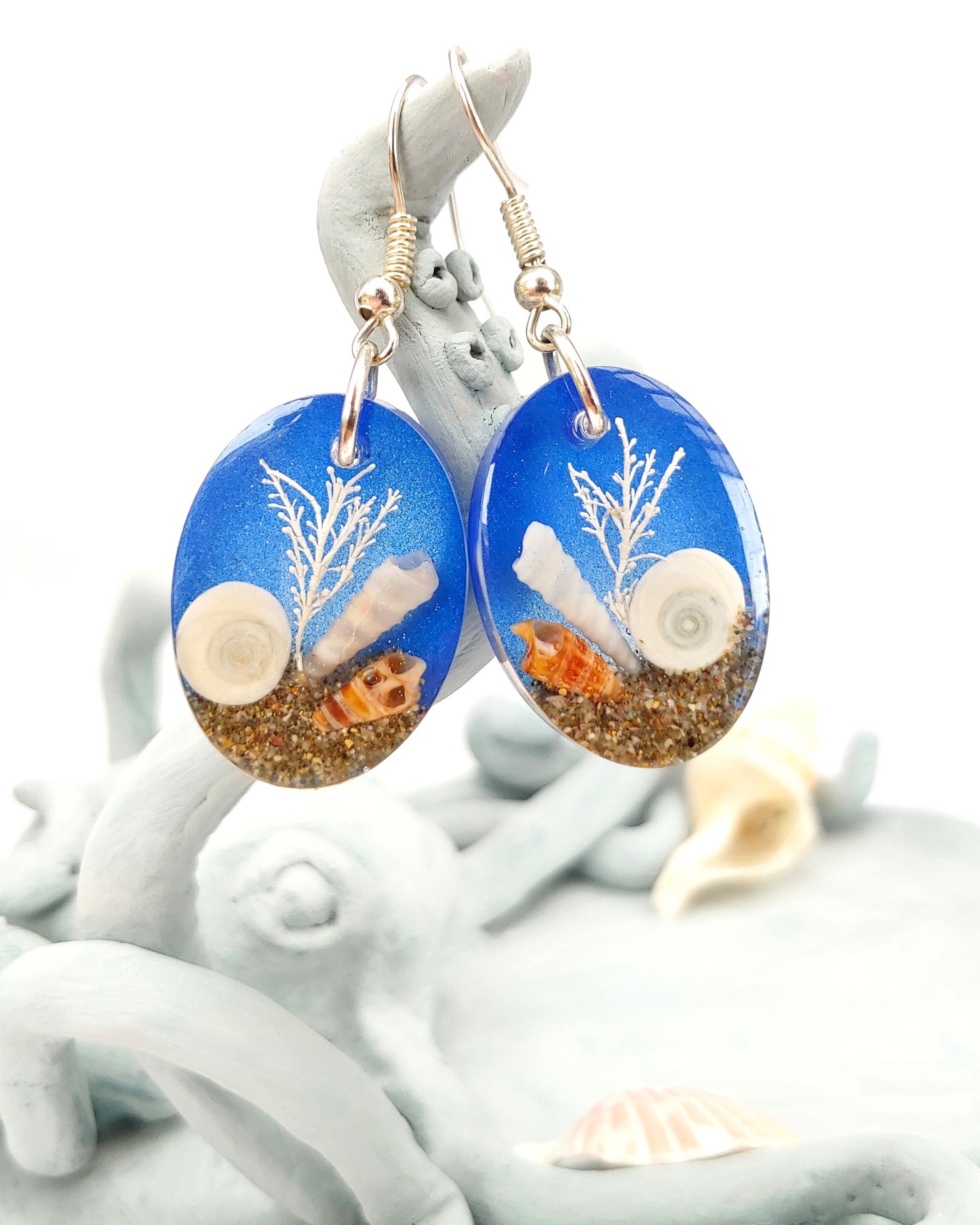Earrings NEW - Oval with Cats Eye Shell - Sea Blue