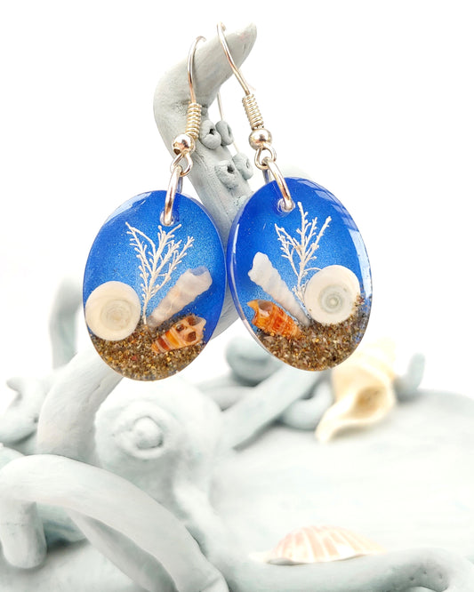 Earrings NEW - Oval with Cats Eye Shell - Sea Blue